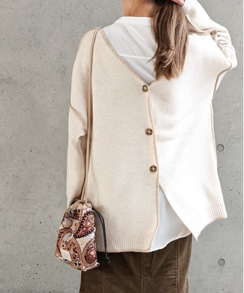 Per sist ence（パーシエンス）の「Per sist ence/パーシエンス　配色ステッチカーディガン（カーディガン/ボレロ・レディース・ベージュ/アイボリー/ブラック・FREE）」の15枚目の写真