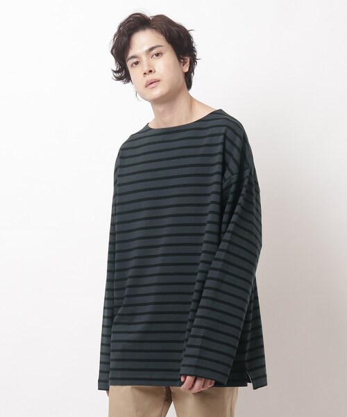 BASECONTROL（ベースコントロール）の「◆HORIZON DREAM ビッグシルエット バスクシャツ ボーダーロンT（Tシャツ/カットソー・メンズ・ライトブルー/ブラック/ダークグリーン/アイボリー/グレー系その他/ブラック系/アイボリー系/ネイビー系・03/02）」の5枚目の写真