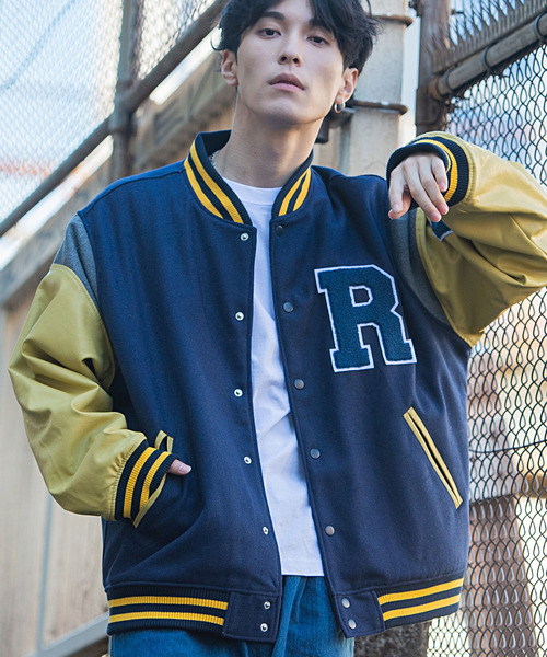 USA製✨スタジャン カレッジ メルトンウール×レザー 両面刺繍ロゴ 中綿