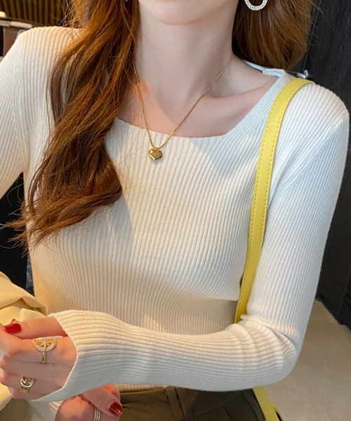 STYLEBLOCK(スタイルブロック)の「スクエアネックリブニットトップス(ニット/セーター・レディース・ホワイト/ブラック/グレー/ブルー/ベージュ系その他/ブラウン・FREE)」の2枚目の写真