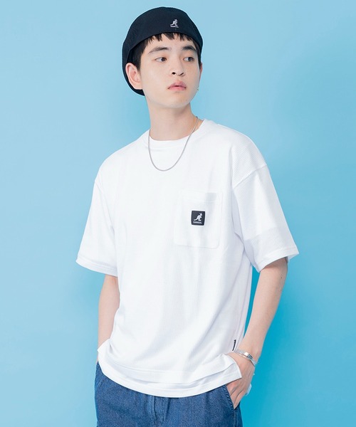 KANGOL（カンゴール）の「別注 WEB限定 KANGOL/カンゴール ワンポイント ロゴ ポケット付 レイヤード ビックシルエット ドロップショルダー ワッフル 半袖 Tシャツ（Tシャツ/カットソー・メンズ・ブルー/グレイッシュベージュ/ブラック/ホワイト・LL/M/L）」の14枚目の写真