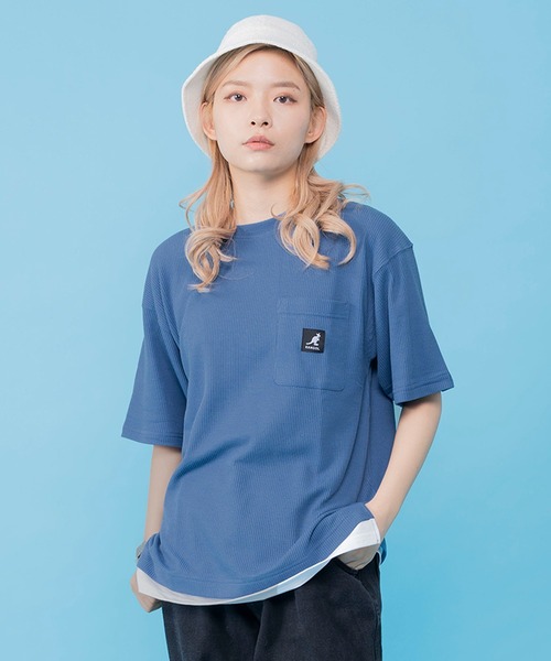 KANGOL（カンゴール）の「別注 WEB限定 KANGOL/カンゴール ワンポイント ロゴ ポケット付 レイヤード ビックシルエット ドロップショルダー ワッフル 半袖 Tシャツ（Tシャツ/カットソー・メンズ・ブルー/グレイッシュベージュ/ブラック/ホワイト・LL/M/L）」の18枚目の写真