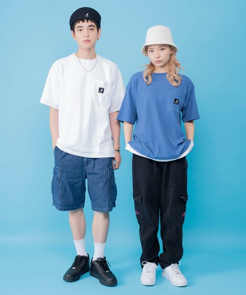 KANGOL（カンゴール）の「別注 WEB限定 KANGOL/カンゴール ワンポイント ロゴ ポケット付 レイヤード ビックシルエット ドロップショルダー ワッフル 半袖 Tシャツ（Tシャツ/カットソー・メンズ・ブルー/グレイッシュベージュ/ブラック/ホワイト・LL/M/L）」の19枚目の写真