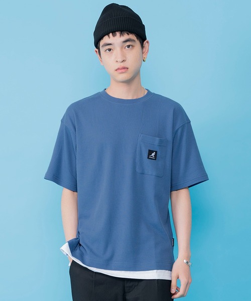 KANGOL（カンゴール）の「別注 WEB限定 KANGOL/カンゴール ワンポイント ロゴ ポケット付 レイヤード ビックシルエット ドロップショルダー ワッフル 半袖 Tシャツ（Tシャツ/カットソー・メンズ・ブルー/グレイッシュベージュ/ブラック/ホワイト・LL/M/L）」の22枚目の写真