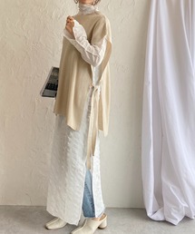 前後2wayくるみボタンハイネックサイドスリット入り長袖シアーロングブラウスワンピース