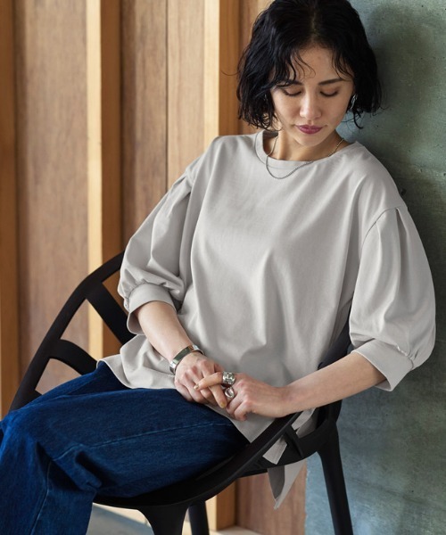 RASW（ラス）の「RASW　GIZAボリュームスリーブTシャツ（Tシャツ/カットソー・レディース・オフホワイト/ブラック/グレイッシュベージュ・M/L）」の13枚目の写真