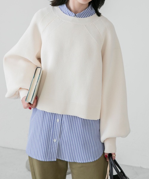 BONLECILL（ボンルシール）の「ラグランボリュームスリーブ クロップドニットプルオーバー（ニット/セーター・レディース・パープル/レッド/モスグリーン/アイボリー/ブラック/ブルー/ブラウン/ブラック系1・FREE）」の21枚目の写真