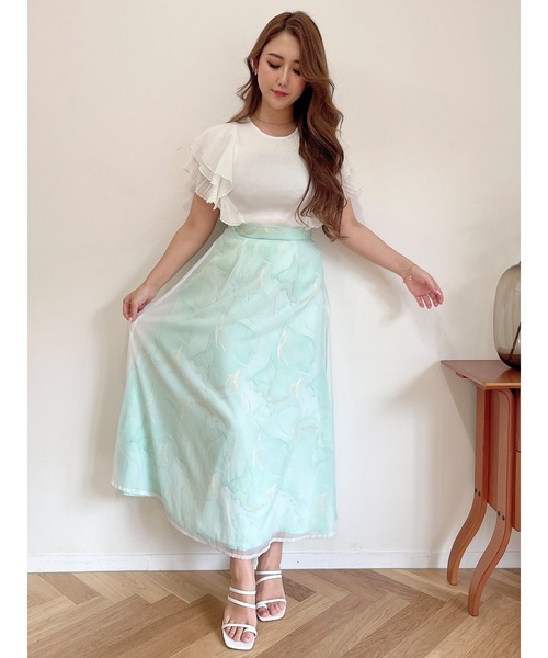 DURAS（デュラス）の「ニュアンス柄シアーフレアスカート（スカート・レディース・ホワイト/グリーン・FREE）」の2枚目の写真