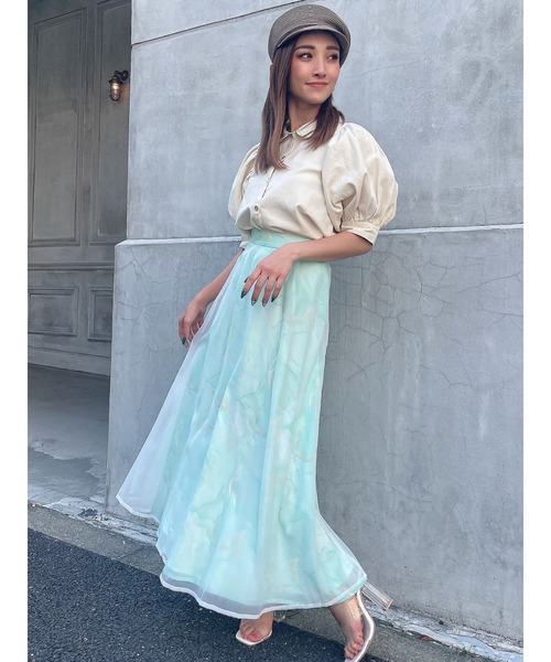 DURAS（デュラス）の「ニュアンス柄シアーフレアスカート（スカート・レディース・ホワイト/グリーン・FREE）」の19枚目の写真