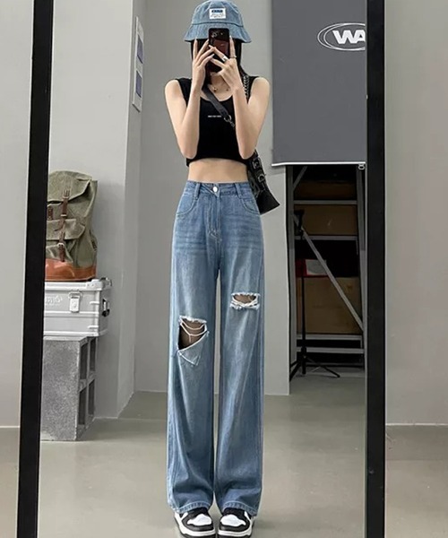 Auntie Rosa（アンティローザ）の「ダメージストレートデニムパンツ（デニムパンツ・レディース・ブルー・LARGE）」の2枚目の写真