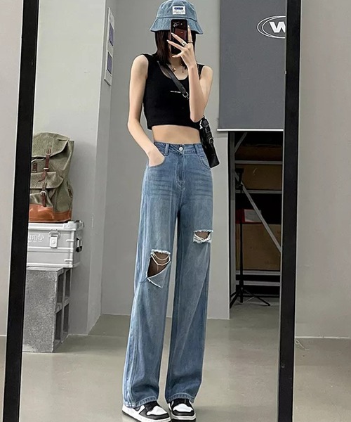 Auntie Rosa（アンティローザ）の「ダメージストレートデニムパンツ（デニムパンツ・レディース・ブルー・LARGE）」の3枚目の写真