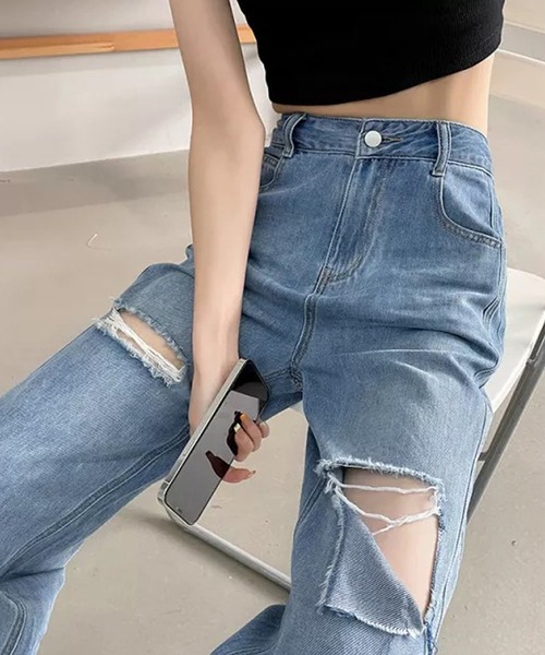 Auntie Rosa（アンティローザ）の「ダメージストレートデニムパンツ（デニムパンツ・レディース・ブルー・LARGE）」の6枚目の写真