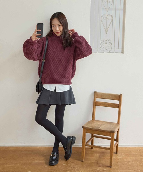 MEU！　ダークブラウン リブ編み セーター ケーブル編みバイアスデザインニット(ニット・セーター) | a.v.v