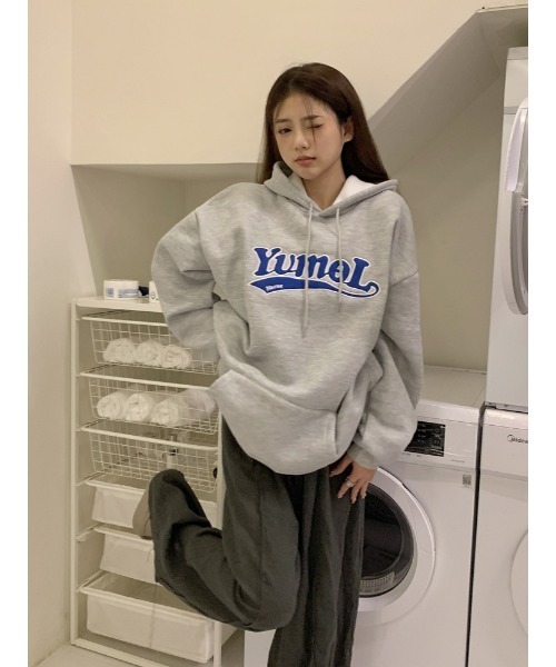 セール】韓国風ビッグシルエット フーディー カレッジロゴ スウェット
