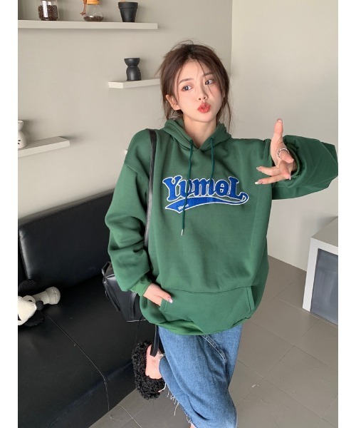 セール】韓国風ビッグシルエット フーディー カレッジロゴ