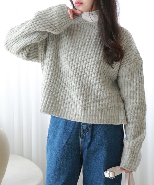 Isn't She?(イズントシー)の「ミックス畦編みクロップドニット(ニット/セーター・レディース・ライトブルー/モカ・FREE)」の14枚目の写真