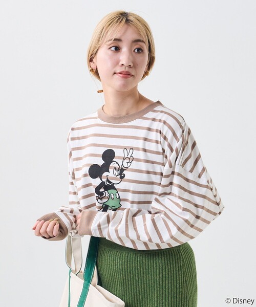 FREAK'S STORE（フリークスストア）の「【WEB限定】DISNEY(ディズニー)　ミッキーマウス/別注ボーダーロンTEE（Tシャツ/カットソー・レディース・グリーン/ベージュ/オレンジ/ブラック・ﾌﾘ-）」の6枚目の写真