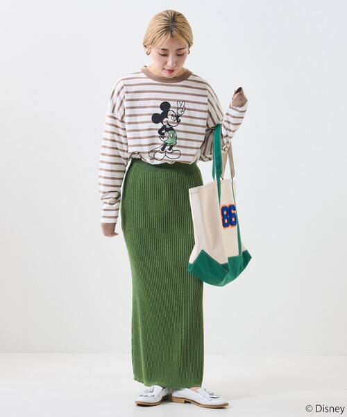FREAK'S STORE（フリークスストア）の「【WEB限定】DISNEY(ディズニー)　ミッキーマウス/別注ボーダーロンTEE（Tシャツ/カットソー・レディース・グリーン/ベージュ/オレンジ/ブラック・ﾌﾘ-）」の8枚目の写真