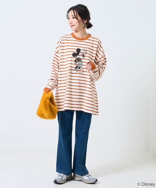 FREAK'S STORE（フリークスストア）の「【WEB限定】DISNEY(ディズニー)　ミッキーマウス/別注ボーダーロンTEE（Tシャツ/カットソー・レディース・グリーン/ベージュ/オレンジ/ブラック・ﾌﾘ-）」の9枚目の写真