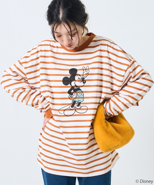 FREAK'S STORE（フリークスストア）の「【WEB限定】DISNEY(ディズニー)　ミッキーマウス/別注ボーダーロンTEE（Tシャツ/カットソー・レディース・グリーン/ベージュ/オレンジ/ブラック・ﾌﾘ-）」の14枚目の写真