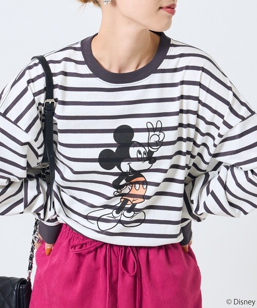 FREAK'S STORE（フリークスストア）の「【WEB限定】DISNEY(ディズニー)　ミッキーマウス/別注ボーダーロンTEE（Tシャツ/カットソー・レディース・グリーン/ベージュ/オレンジ/ブラック・ﾌﾘ-）」の17枚目の写真