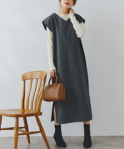 Chez toi(シェトワ)の「ニットプルオーバー×カフタンワンピース(ワンピース・レディース・アイボリー/チャコールグレー/ブラウン/オレンジ・FREE)」の1枚目の写真
