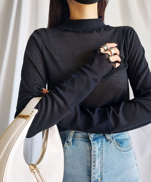 me+em select（ミームセレクト）の「※※シアー切替プチハイネックメロートップス（Tシャツ/カットソー・レディース・パープル/オレンジ/アイボリー/ブラック・MEDIUM/LARGE/SMALL）」の5枚目の写真