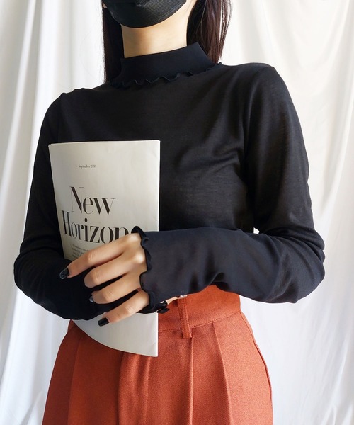 me+em select（ミームセレクト）の「※※シアー切替プチハイネックメロートップス（Tシャツ/カットソー・レディース・パープル/オレンジ/アイボリー/ブラック・MEDIUM/LARGE/SMALL）」の7枚目の写真