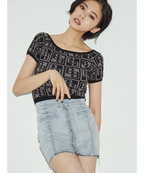 GYDA（ジェイダ）の「GG TILE PATTERN SHORTニットトップス（ニット/セーター・レディース・ブラック/ライトブルー/ベージュ・FREE）」の8枚目の写真