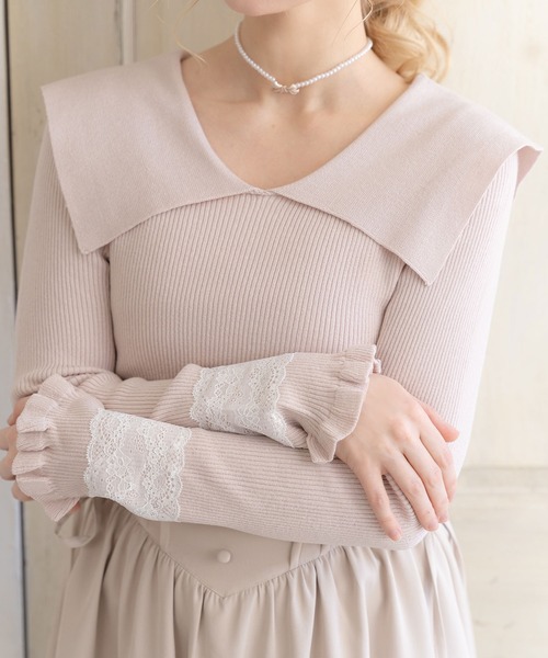 DearMyLoveRose（ディアマイラブローズ）の「袖レースビッグセーラーカラーニットトップス（ニット/セーター・レディース・ブラック/ベビーピンク/ホワイト・LL～3L/L-XL/M-L）」の11枚目の写真