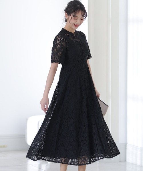 PourVous プールヴー 結婚式 お呼ばれ ドレス チャイナ風 プールヴー PourVous 結婚式パーティードレスチャイナ風ミモレ丈