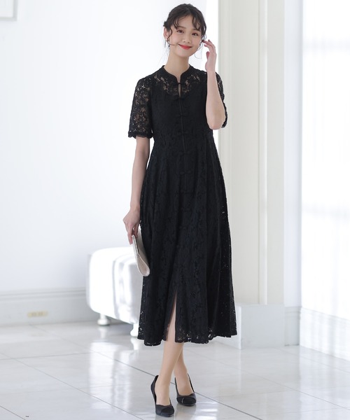 PourVous プールヴー 結婚式 お呼ばれ ドレス チャイナ風 プールヴー PourVous ミモレ丈&袖ありフォーマルチャイナ風