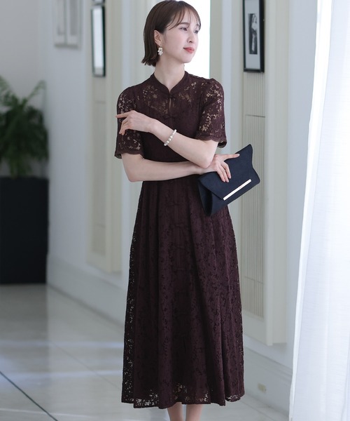 PourVous プールヴー 結婚式 お呼ばれ ドレス チャイナ風 プールヴー PourVous 結婚式パーティードレスチャイナ風ミモレ丈