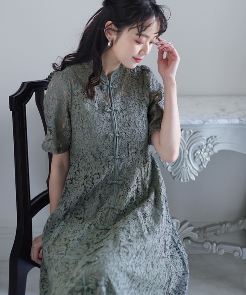 PourVous プールヴー 結婚式 お呼ばれ ドレス チャイナ風 プールヴー PourVous 結婚式パーティードレスチャイナ風ミモレ丈
