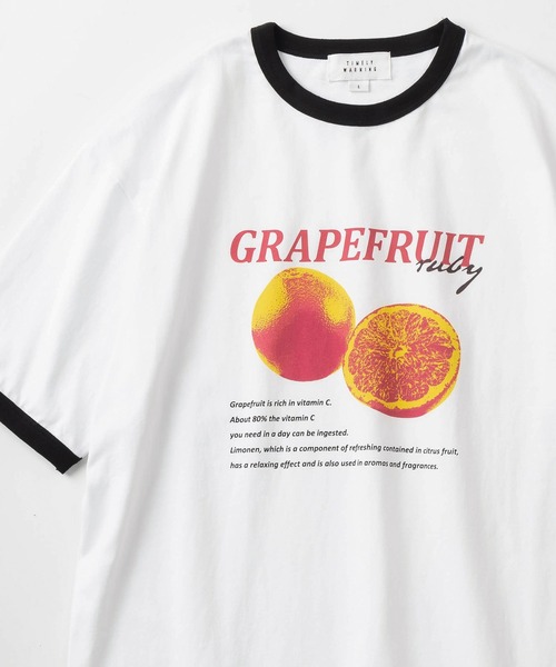 TIMELY WARNING(タイムリーワーニング)の「レトロタッチ ユニークフォトプリント リンガーデザイン 半袖Tシャツ/オーバーサイズ/GRAPEFRUIT/FRESH Fruits/PENGUIN/【TIMELY WARNING】(Tシャツ/カットソー・レディース・オレンジ/ホワイト×ブルー/ホワイト×ブラック・M/L/XL)」の1枚目の写真