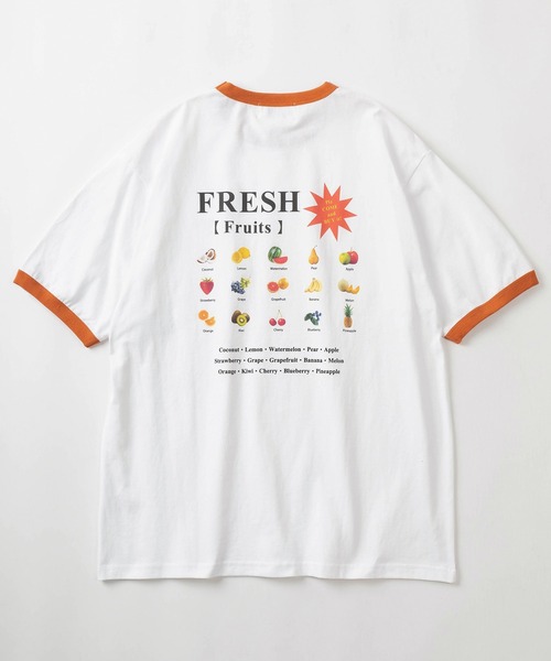 TIMELY WARNING(タイムリーワーニング)の「レトロタッチ ユニークフォトプリント リンガーデザイン 半袖Tシャツ/オーバーサイズ/GRAPEFRUIT/FRESH Fruits/PENGUIN/【TIMELY WARNING】(Tシャツ/カットソー・レディース・オレンジ/ホワイト×ブルー/ホワイト×ブラック・M/L/XL)」の5枚目の写真