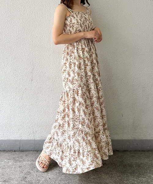 archivio アイボリー ノースリーブ ワンピース 小花柄ドロストノースリワンピース(M OFF WHITE): ワンピース