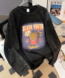 DEVICE | ビッグシルエット ジャンキープリント ピグメント ロンT ロングスリーブTシャツ 古着風 フライドポテト カレッジロゴ(Tシャツ/カットソー)
