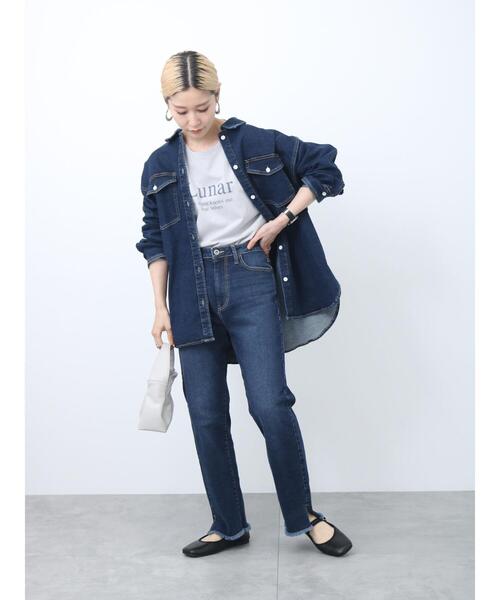 Samansa Mos2 blue（サマンサモスモスブルー）の「【ECO DENIM】シャツジャケット（ノーカラージャケット・レディース・ネイビー/ブルー/ブラック・F）」の7枚目の写真
