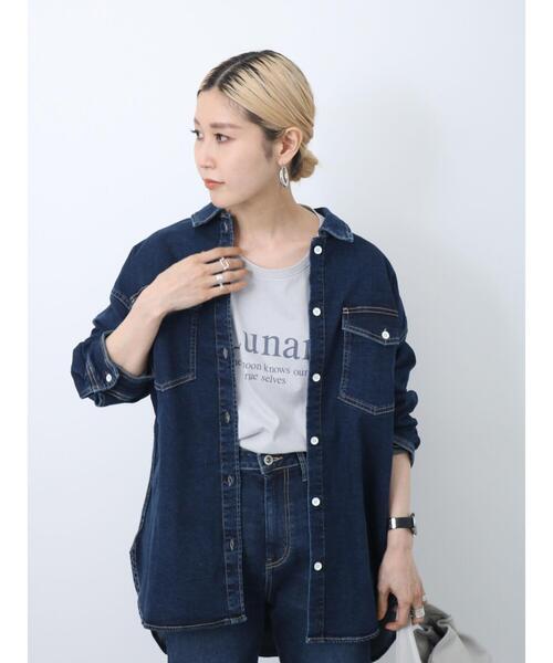 Samansa Mos2 blue（サマンサモスモスブルー）の「【ECO DENIM】シャツジャケット（ノーカラージャケット・レディース・ネイビー/ブルー/ブラック・F）」の10枚目の写真