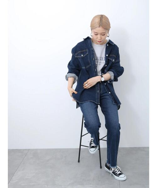 Samansa Mos2 blue（サマンサモスモスブルー）の「【ECO DENIM】シャツジャケット（ノーカラージャケット・レディース・ネイビー/ブルー/ブラック・F）」の15枚目の写真