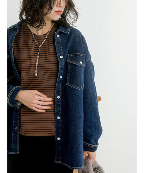Samansa Mos2 blue（サマンサモスモスブルー）の「【ECO DENIM】シャツジャケット（ノーカラージャケット・レディース・ネイビー/ブルー/ブラック・F）」の19枚目の写真