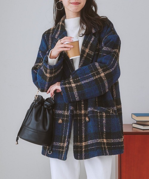 nissen（ニッセン）の「ブークレー起毛チェック柄ジャケットコート（ピーコート・レディース・ブラウン系/ネイビー系・L/M/S/LL）」の2枚目の写真