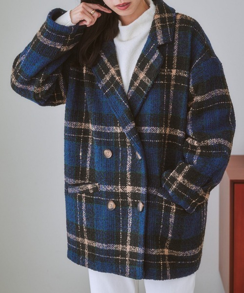 nissen（ニッセン）の「ブークレー起毛チェック柄ジャケットコート（ピーコート・レディース・ブラウン系/ネイビー系・L/M/S/LL）」の7枚目の写真
