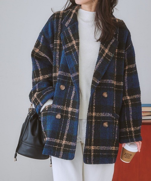 nissen（ニッセン）の「ブークレー起毛チェック柄ジャケットコート（ピーコート・レディース・ブラウン系/ネイビー系・L/M/S/LL）」の3枚目の写真
