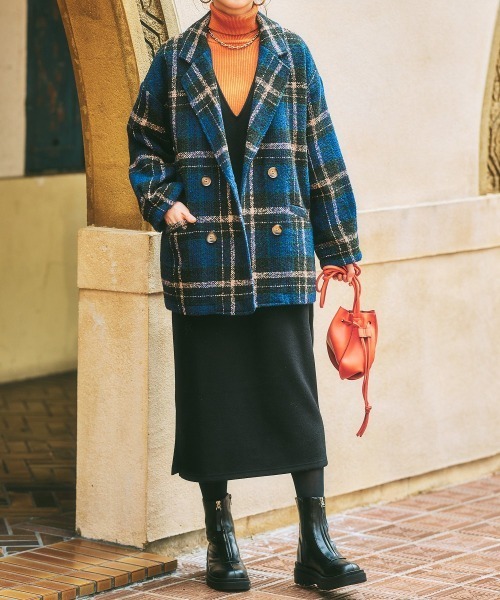 nissen（ニッセン）の「ブークレー起毛チェック柄ジャケットコート（ピーコート・レディース・ブラウン系/ネイビー系・L/M/S/LL）」の12枚目の写真