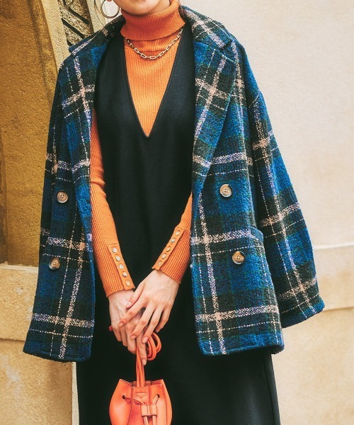 nissen（ニッセン）の「ブークレー起毛チェック柄ジャケットコート（ピーコート・レディース・ブラウン系/ネイビー系・L/M/S/LL）」の13枚目の写真