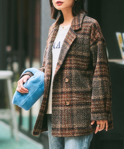 nissen（ニッセン）の「ブークレー起毛チェック柄ジャケットコート（ピーコート・レディース・ブラウン系/ネイビー系・L/M/S/LL）」の19枚目の写真