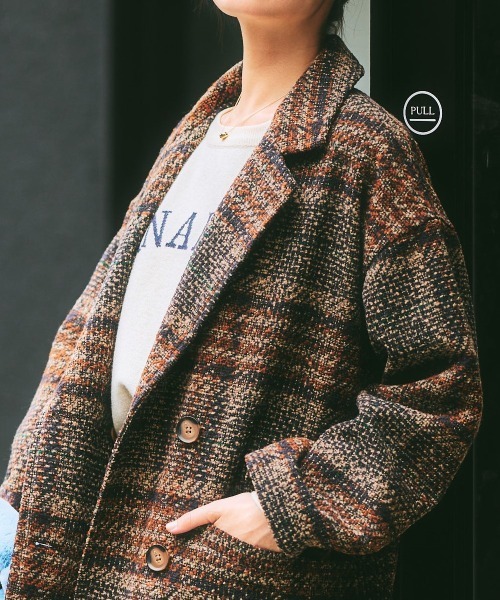 nissen（ニッセン）の「ブークレー起毛チェック柄ジャケットコート（ピーコート・レディース・ブラウン系/ネイビー系・L/M/S/LL）」の18枚目の写真