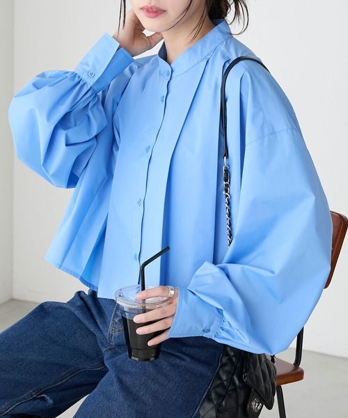 BONLECILL(ボンルシール)の「クロップドバンドカラープリーツブラウス(シャツ/ブラウス・レディース・ブルー/オフホワイト/イエロー/ブラック・FREE)」の22枚目の写真